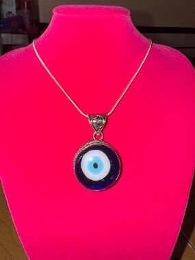 Sterling Silver 925 Blue Glass Evil Eye Pendant Necklace